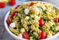 Fresh Pesto Pasta Salad Recipe with Cherry Tomatoes & Mozzarella