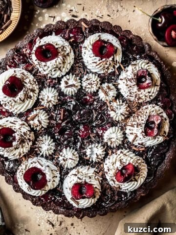 A chocolate cherry tart with whipped cream, cherry halves, and chocolate shavings.