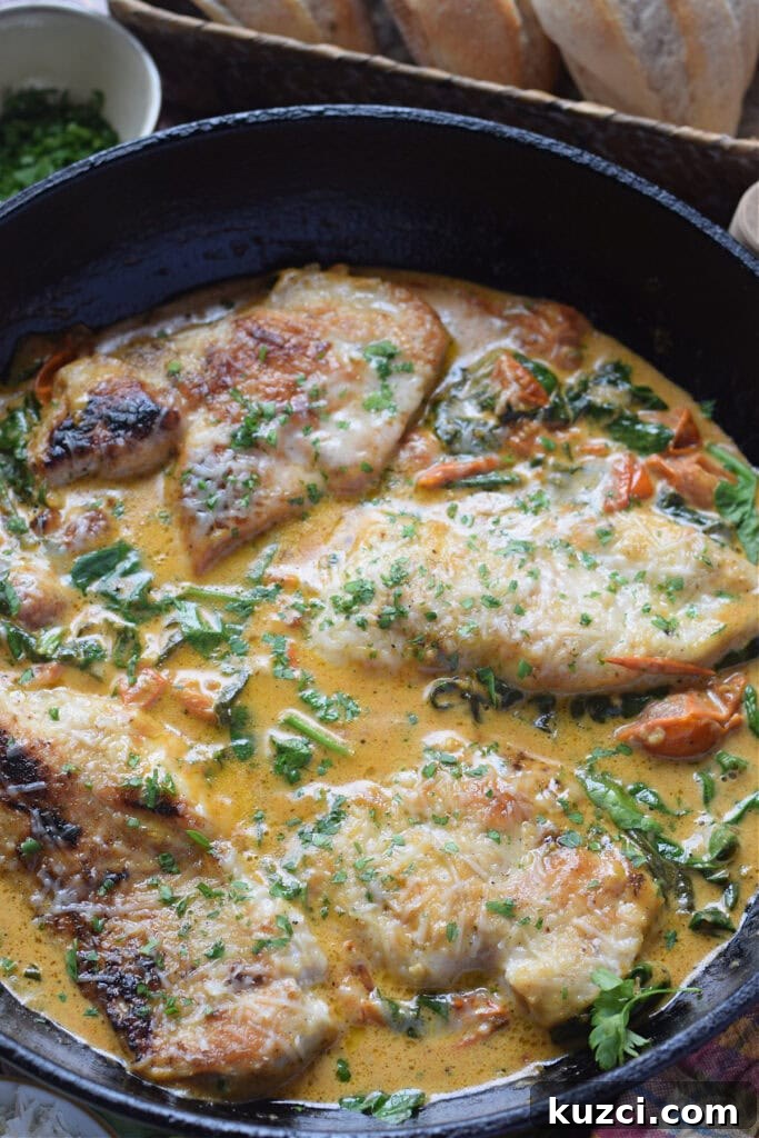 Skillet Chicken with Tomatoes and Spinach Recipe 15 Close up of tomato and spinach chicken in a skillet.