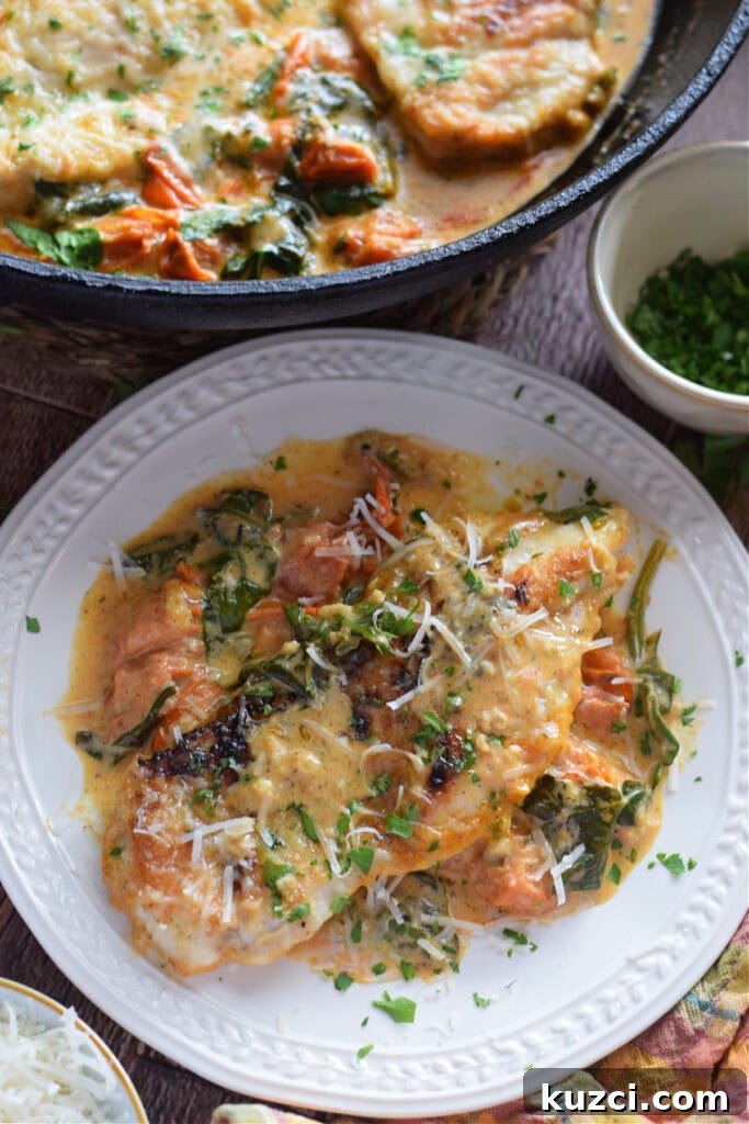 Skillet Chicken with Tomatoes and Spinach Recipe 16 Tomato and spinach chicken in a creamy sauce.