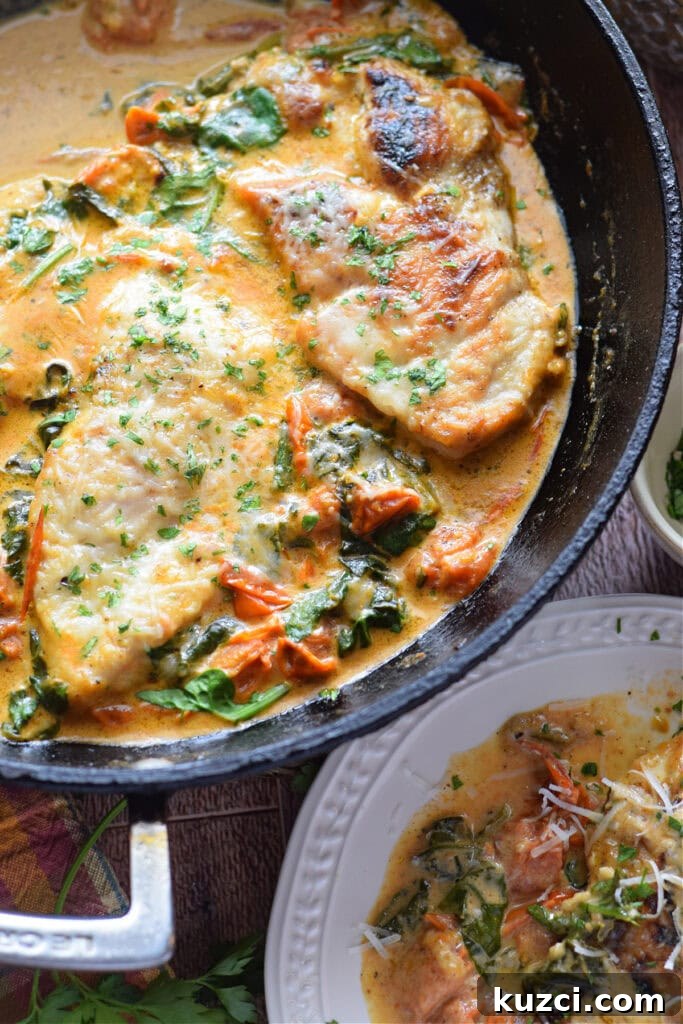 Skillet Chicken with Tomatoes and Spinach Recipe 17 Tomato spinach chicken in a skillet.