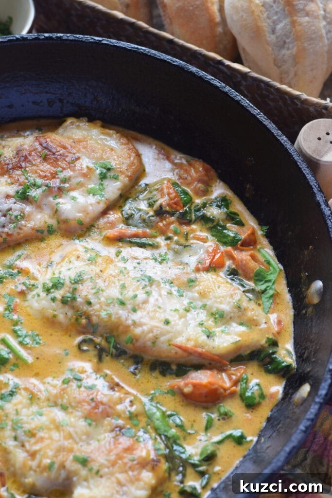 Skillet Chicken with Tomatoes and Spinach Recipe 18 Close up of tomato and spinach chicken
