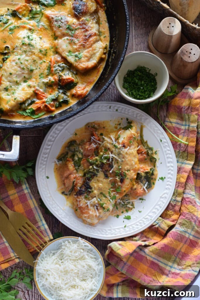 Skillet Chicken with Tomatoes and Spinach Recipe 3 Tomato and spinach chicken on a white plate.