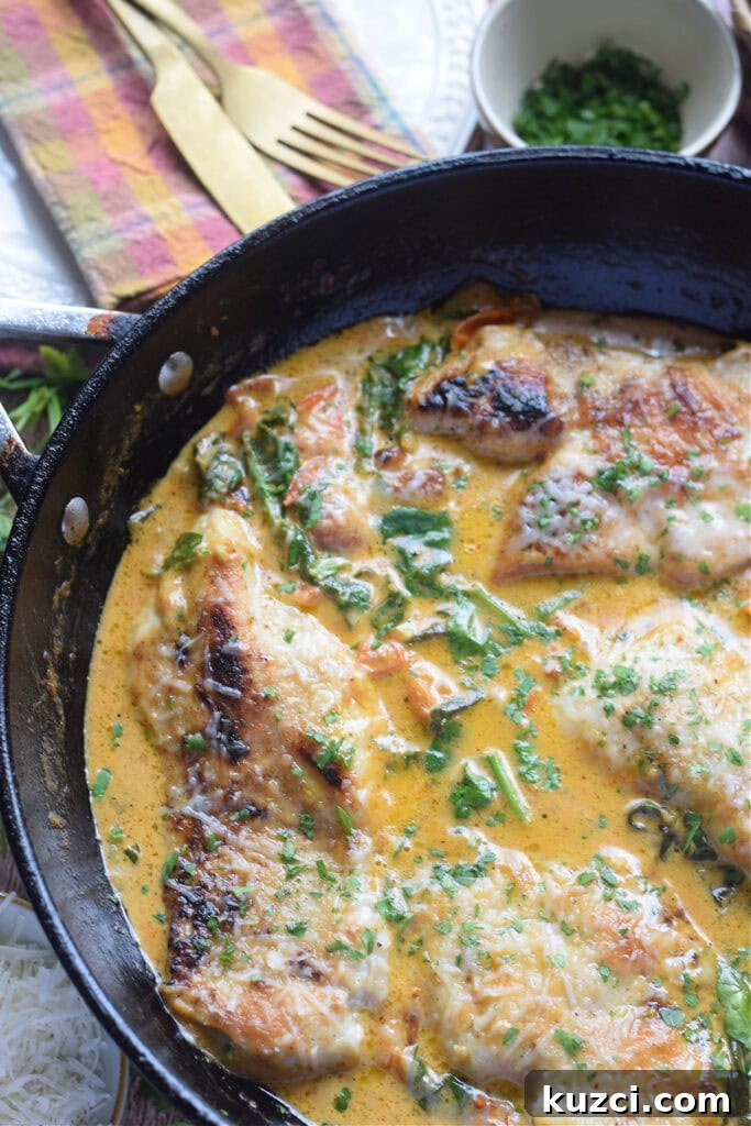 Skillet Chicken with Tomatoes and Spinach Recipe 4 Close up of tomato spinach chicken.
