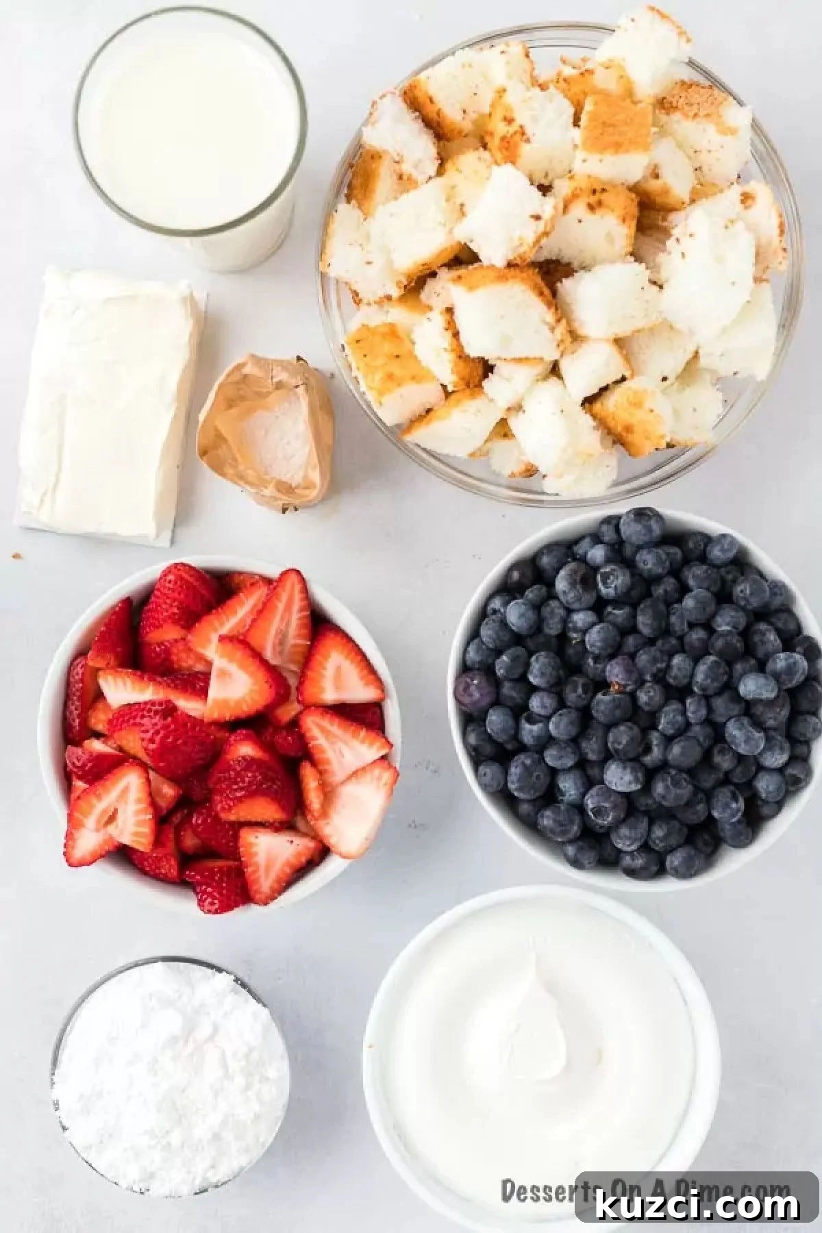 Red White and Blue Trifle Recipe for 4th of July 3 Ingredients to make a red white and blue trifle including angel food cake, cream cheese, pudding mix and berries