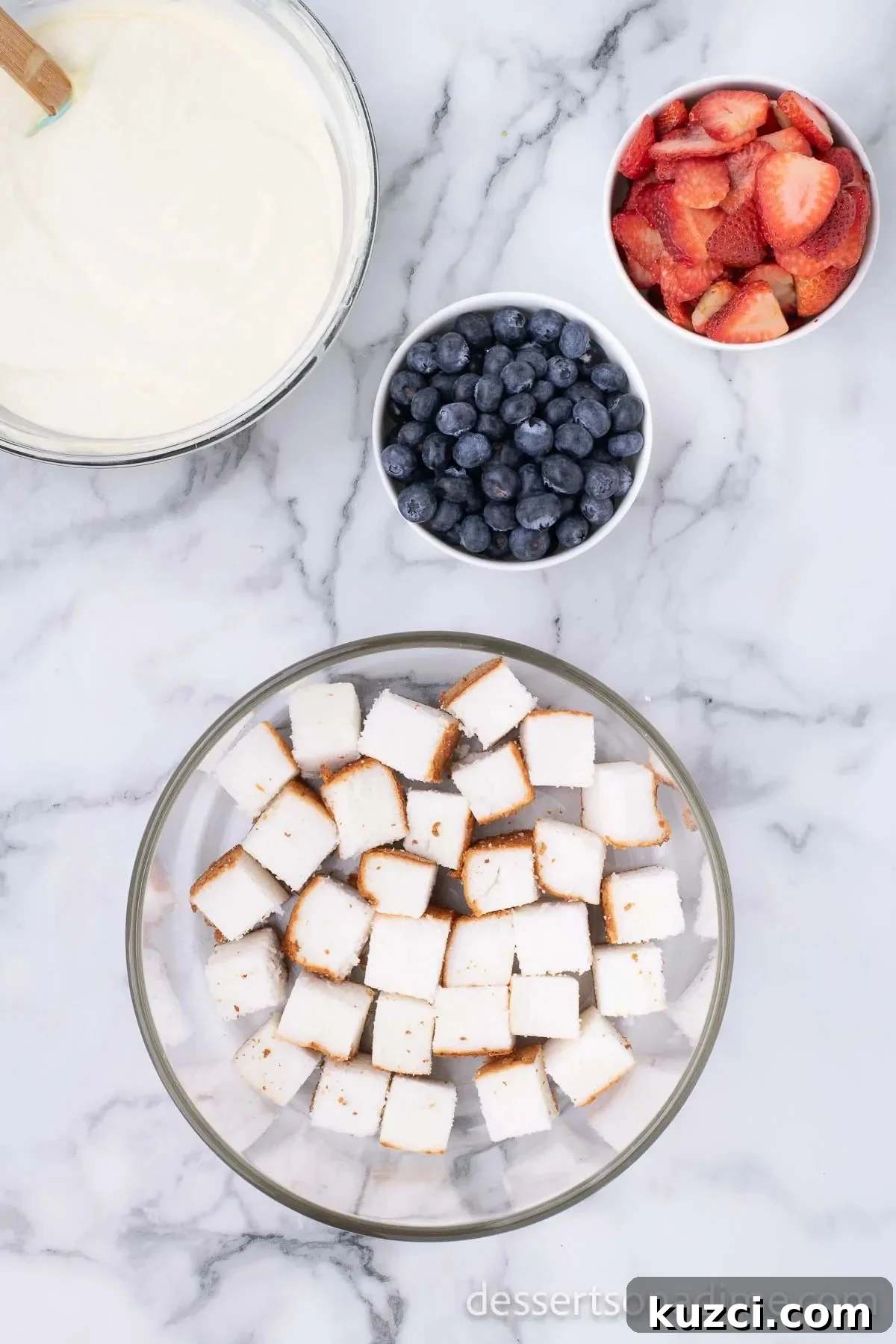Red White and Blue Trifle Recipe for 4th of July 8 Cake cubes layered in a trifle dish