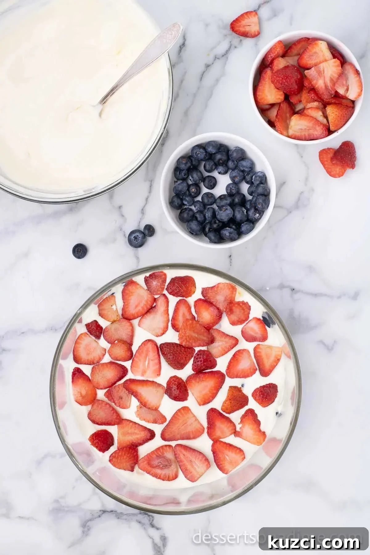 Red White and Blue Trifle Recipe for 4th of July 10 Fruit layered in a trifle dish