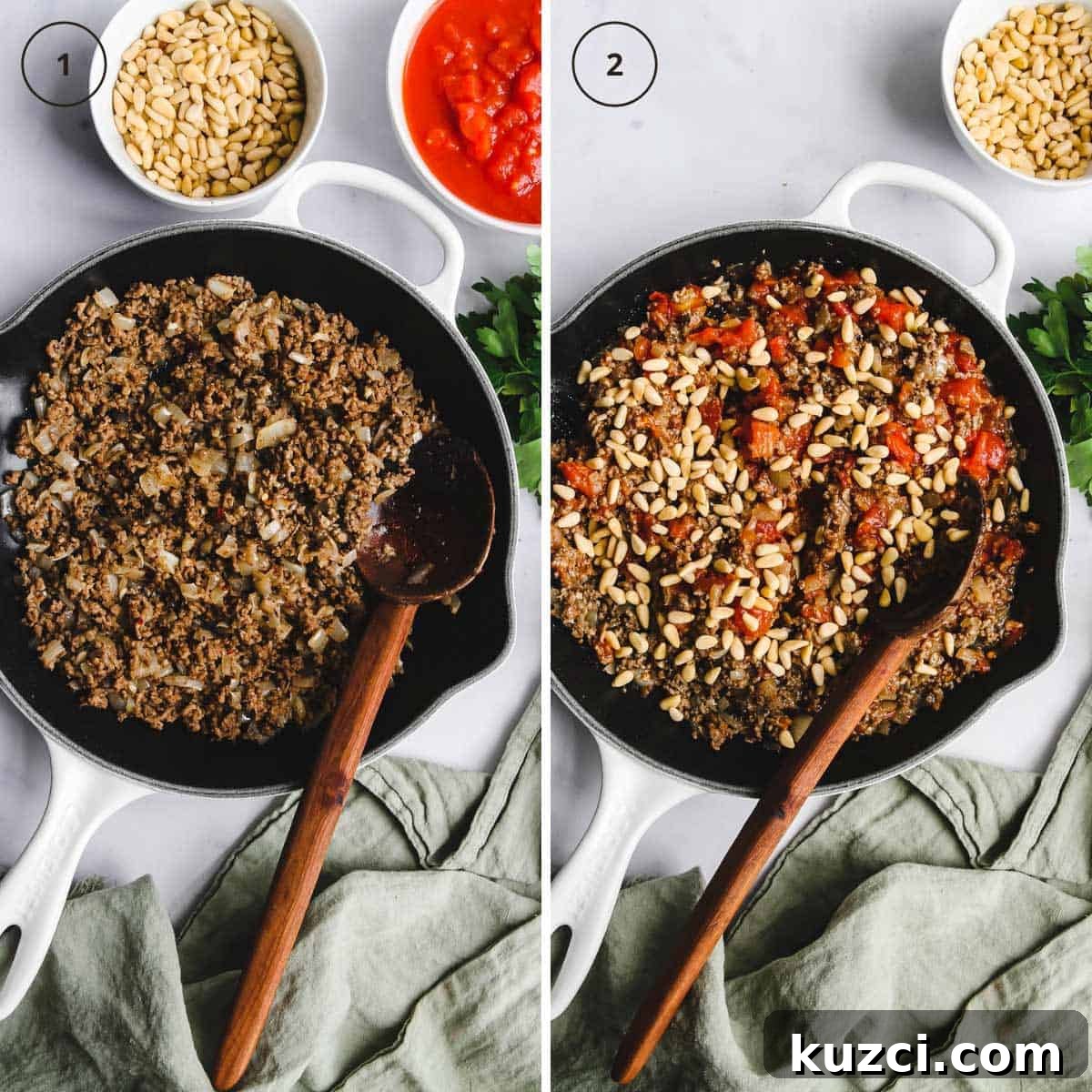 A skillet with ground lamb and a skillet with added tomatoes, spices, and pine nuts.