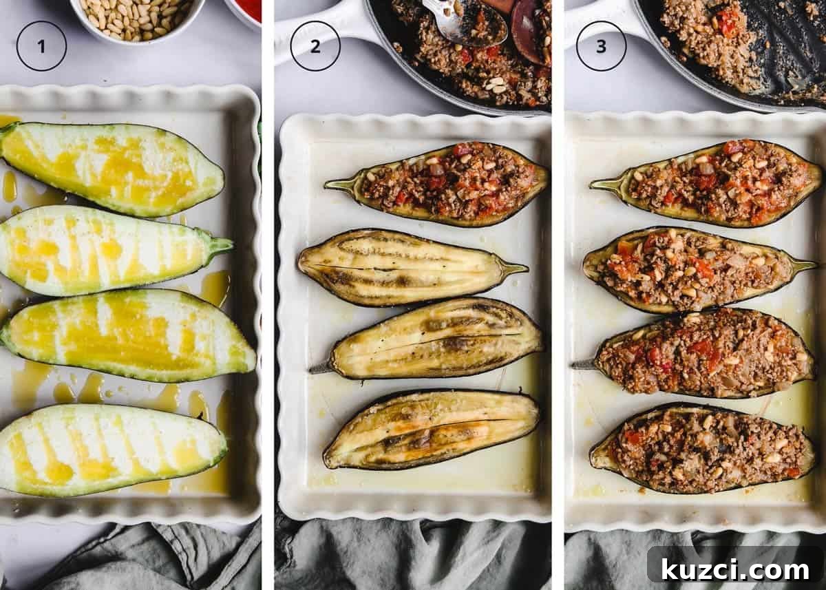 Three photo steps to roasting the eggplants with ground lamb in a baking dish.