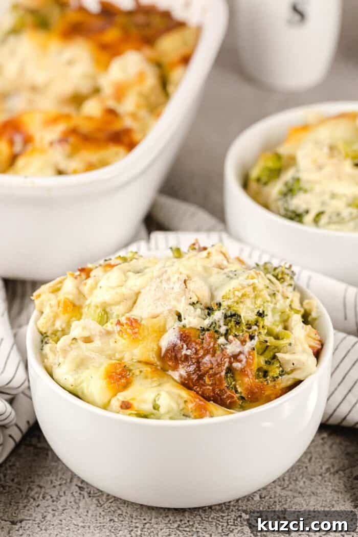 Keto Pepperoni Pizza Stuffed Peppers 16 closeup of small white bowl containing a serving of keto chicken broccoli casserole