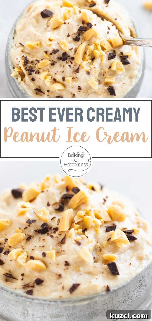 This creamy peanut butter ice cream doesn't require raw eggs or an ice cream maker. Creamy, crunchy, delicious - what more could you ask for?
