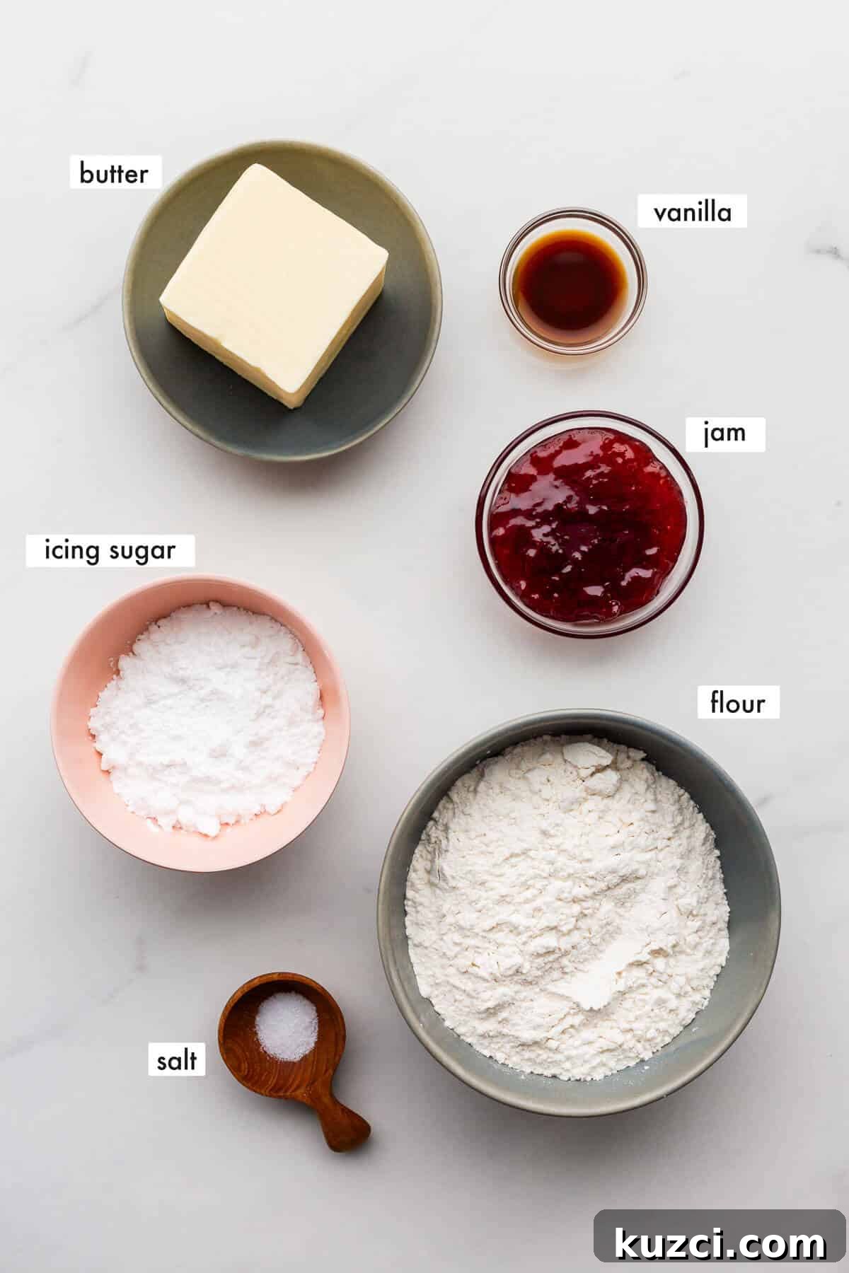 Jam-Filled Shortbread Cookies Recipe 3 Ingredients to make jam-filled shortbread cookies measured out.