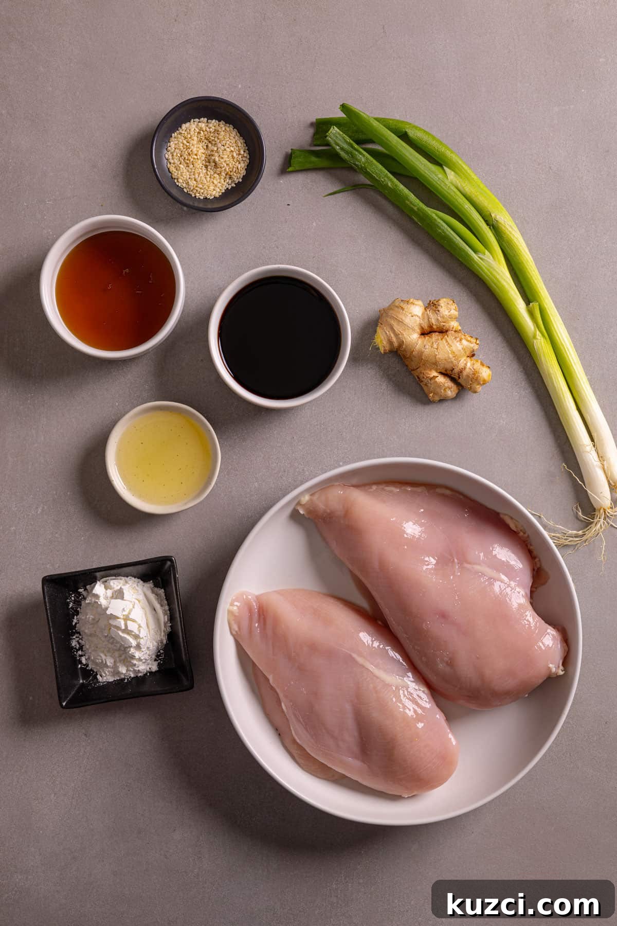 Honey Ginger Glazed Chicken Recipe 3 Ingredients for honey ginger chicken on a gray table.
