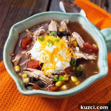 Slow Cooker Chicken Enchilada Soup Recipe 3 Crockpot Chicken Enchilada Soup in a bowl on a orange cloth napkin next to a spoon