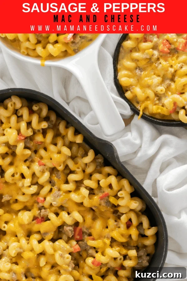 Sausage and Peppers Mac and Cheese Recipe 8 Creamy sausage and peppers mac and cheese in a skillet.