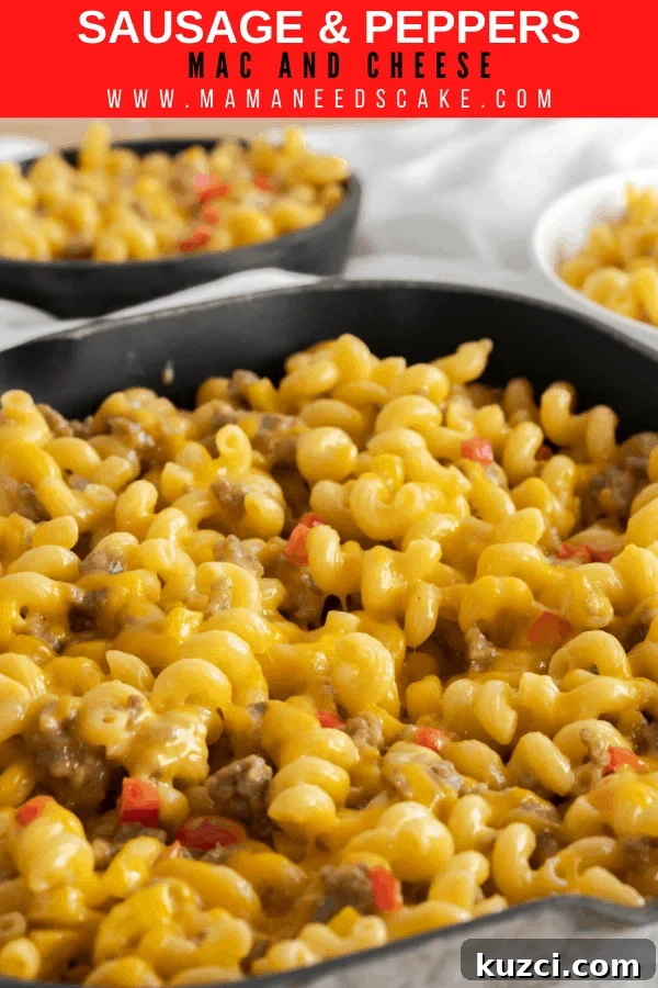 Sausage and Peppers Mac and Cheese Recipe 9 Baked skillet mac and cheese with sausage and peppers.