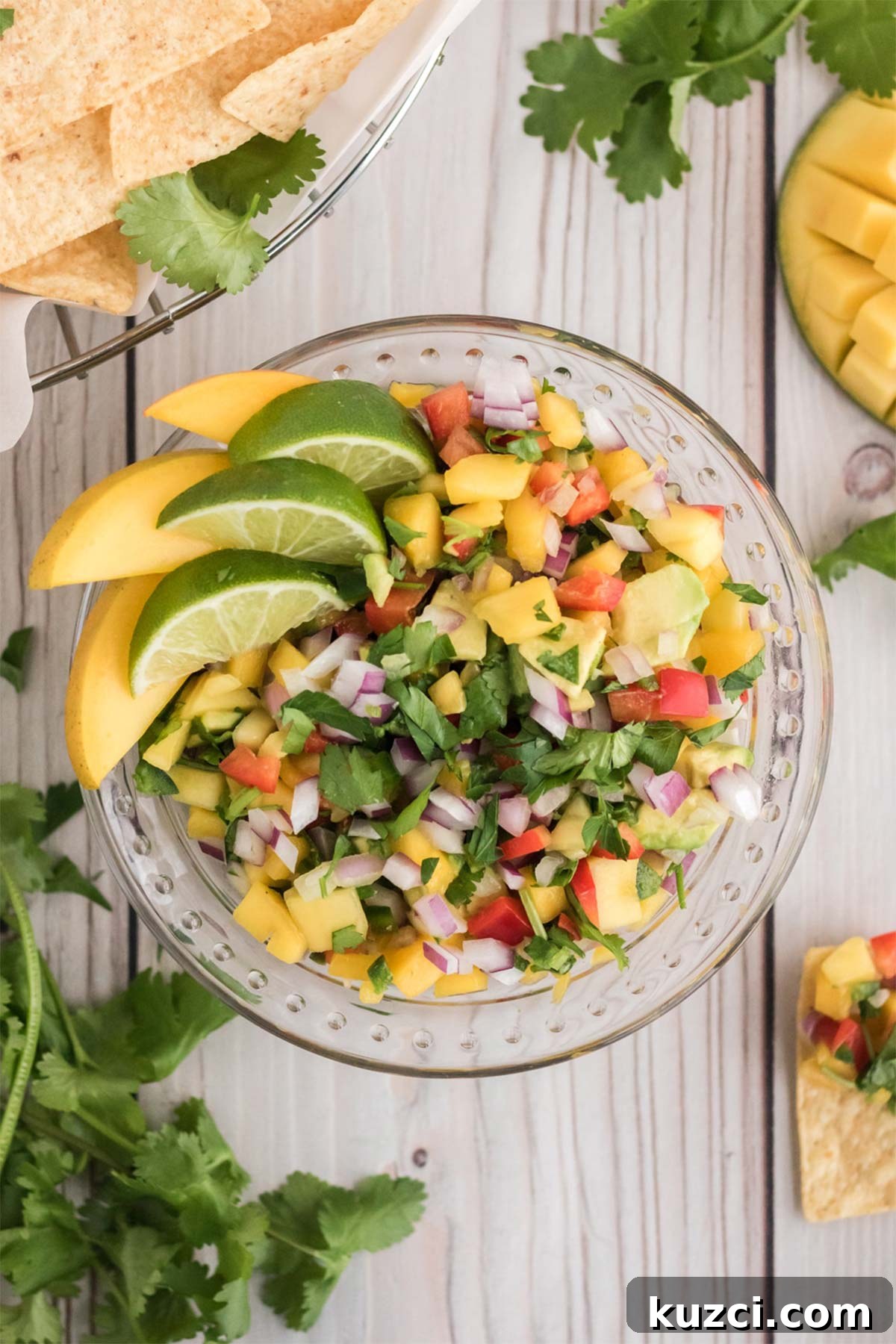 Fresh Mango Pico de Gallo Recipe 2 Overhead view of mango salsa garnished with mango wedges and lime wedges in a glass bowl.
