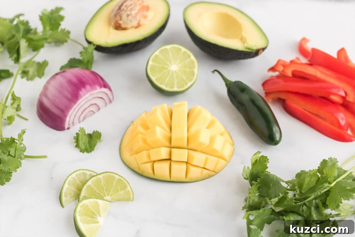 Fresh Mango Pico de Gallo Recipe 3 Ingredients to make mango pico de gallo on the table.