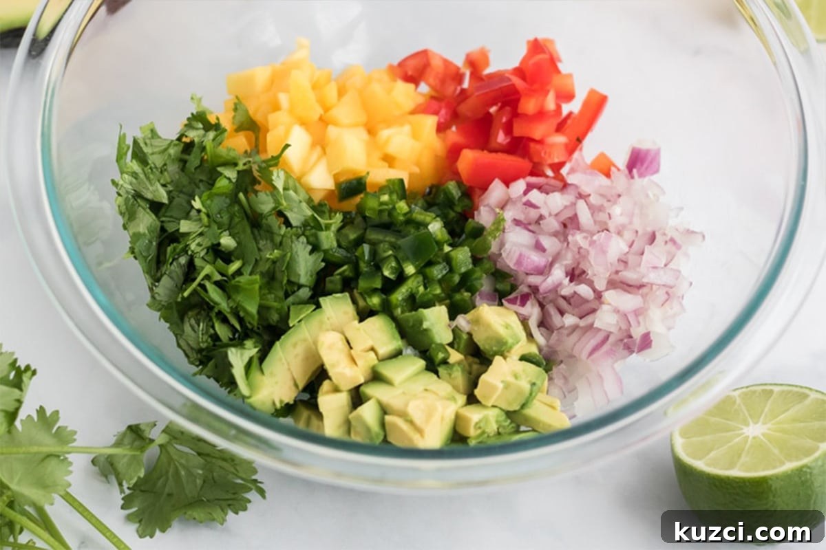 Fresh Mango Pico de Gallo Recipe 5 Ingredients to make pico de gallo with mango in a bowl.