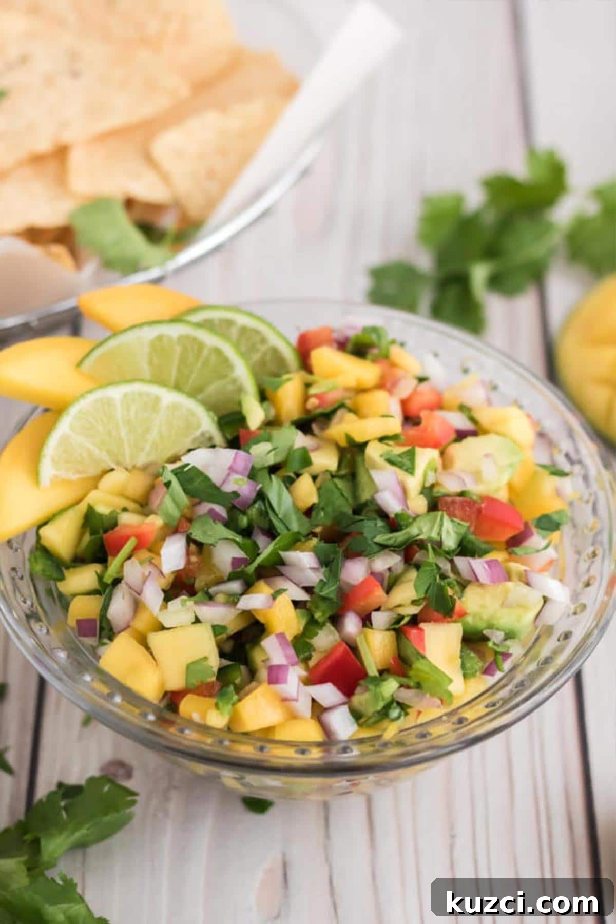 Fresh Mango Pico de Gallo Recipe 6 Fresh mango pico de gallo in a bowl on the table.
