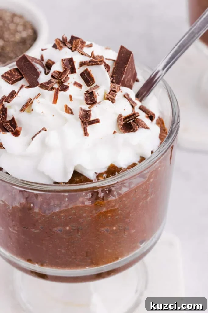 Chocolate blended chia seed pudding in a glass with whipped cream and chocolate shavings.