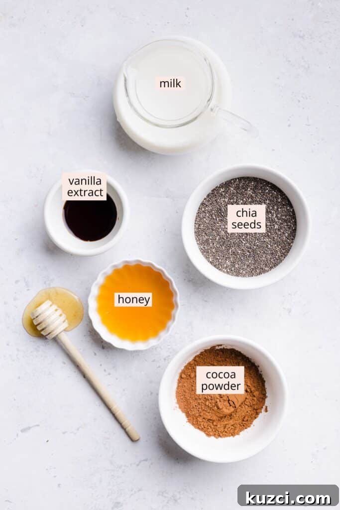 Chia seeds, vanilla, honey, milk and cocoa powder in small white bowls on a countertop.