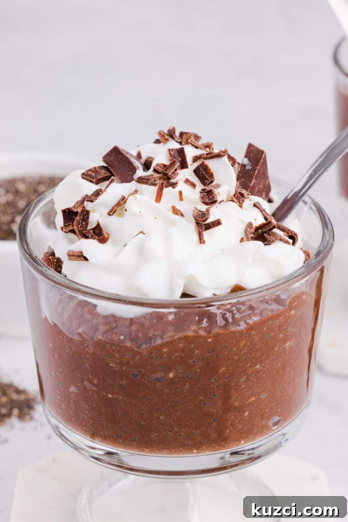 Chocolate blended chia seed pudding in a glass with whipped cream and chocolate shavings.