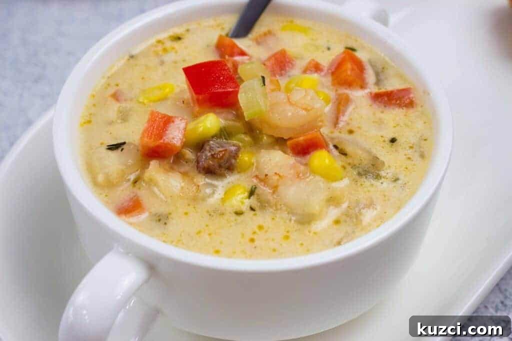 A white bowl of creamy shrimp & corn chowder on a white plate.