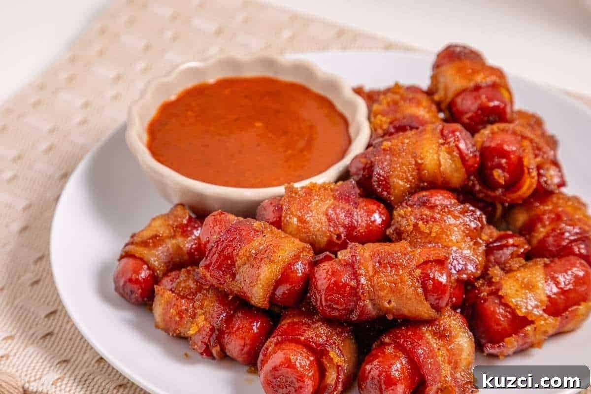 A plate of bacon-wrapped smokies sits next to a small bowl of reddish dipping sauce on a light-colored surface.