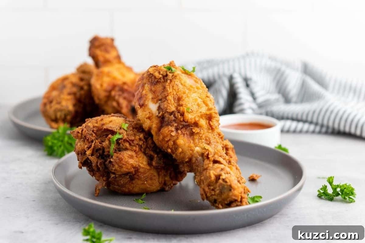 A plate with pieces of fried chicken garnished with parsley, with a bowl of sauce and a striped cloth in the background.