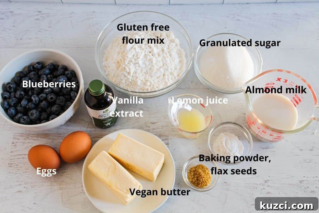 Moist Gluten Free Blueberry Cake Recipe 4 labeled ingredients on a countertop