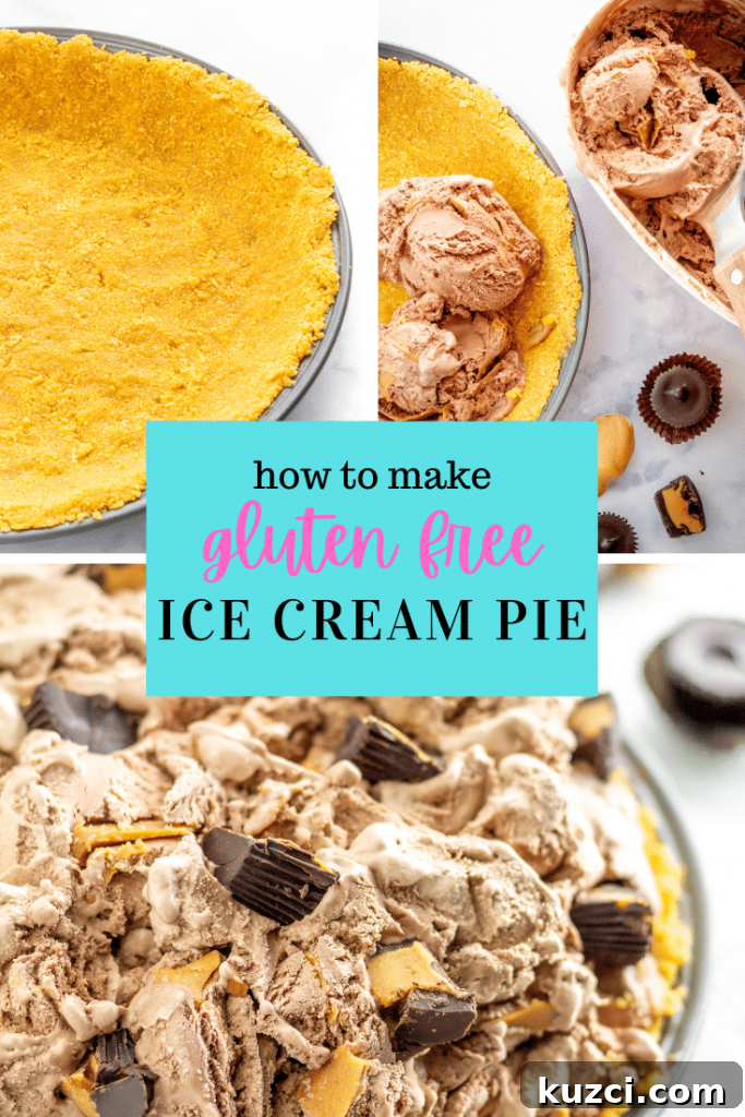No-Bake Gluten-Free Ice Cream Pie with Chocolate Cookie Crust 2 step by step photo of how to make an ice cream pie: crust, crust with scoops of ice cream and toppings on the side, finished ice cream pie
