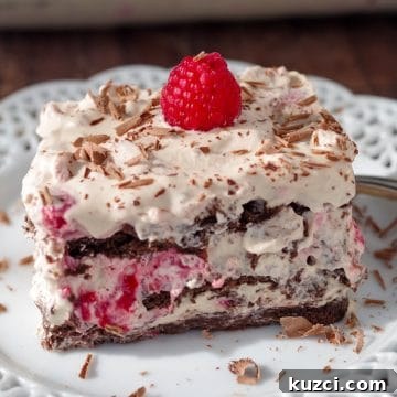 raspberry dulce de leche icebox cake on white plate with glass dish of cake in the background