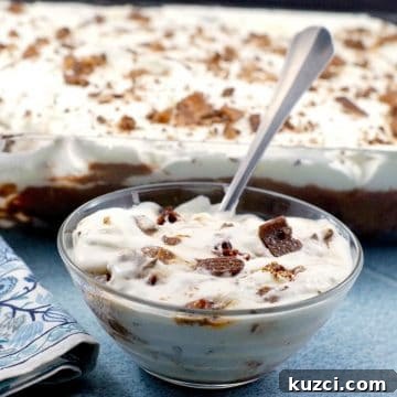 Bowl of Skor Bar Dessert in front and pan of Skor Bar dessert in background