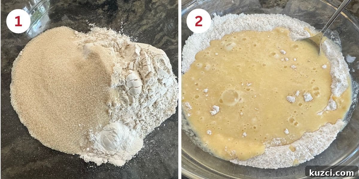 Photos of mixing the dry ingredients, then blending in the wet ingredients.