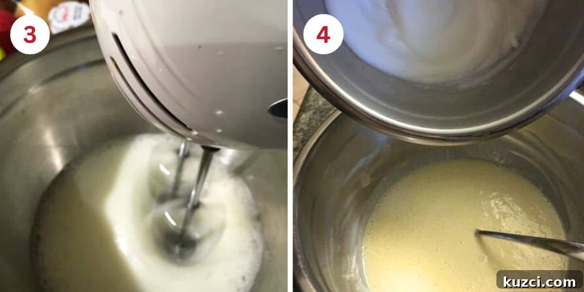 Photos showing whipping the egg whites and pouring them into the lemon cake batter.