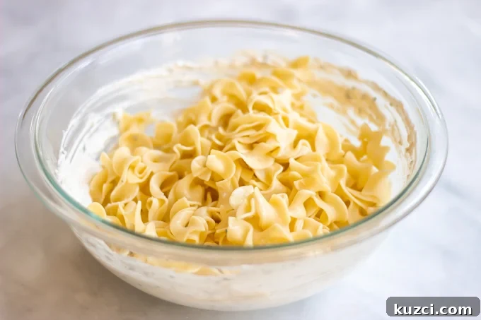 egg noodles with the cream cheese,sour cream and parmesan mixture. 