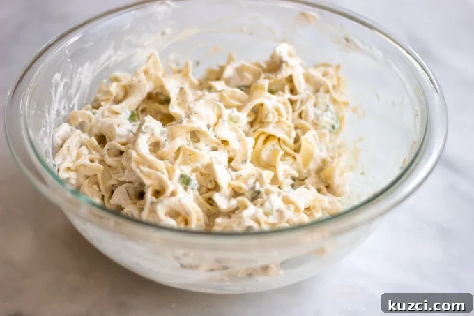 egg noodles with the cream cheese, sour cream and parmesan mixture combined 