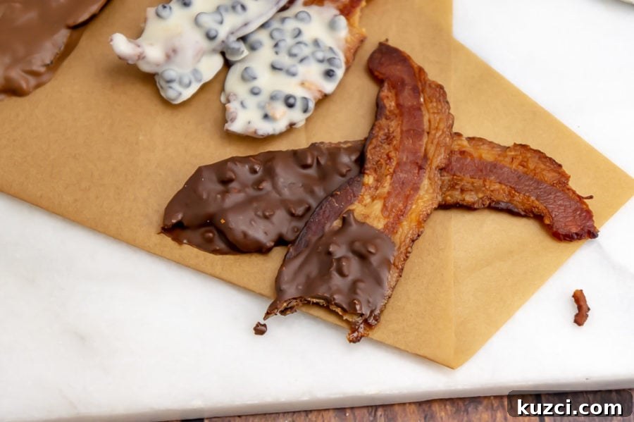 How to Make Chocolate-Covered Bacon at Home 5 bacon coated in chocolate with a bite taken out of it