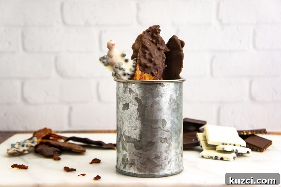 How to Make Chocolate-Covered Bacon at Home 6 Bacon in a metal cup beside stacks of broken chocolate