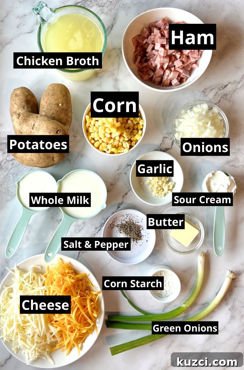 Ingredients for cheesy slow cooker ham and potato chowder