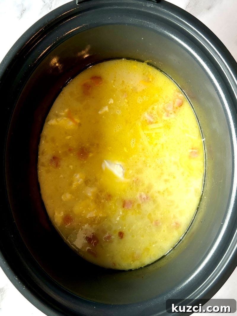 Milk, cornstarch, sour cream, and cheese added to ham and potato chowder