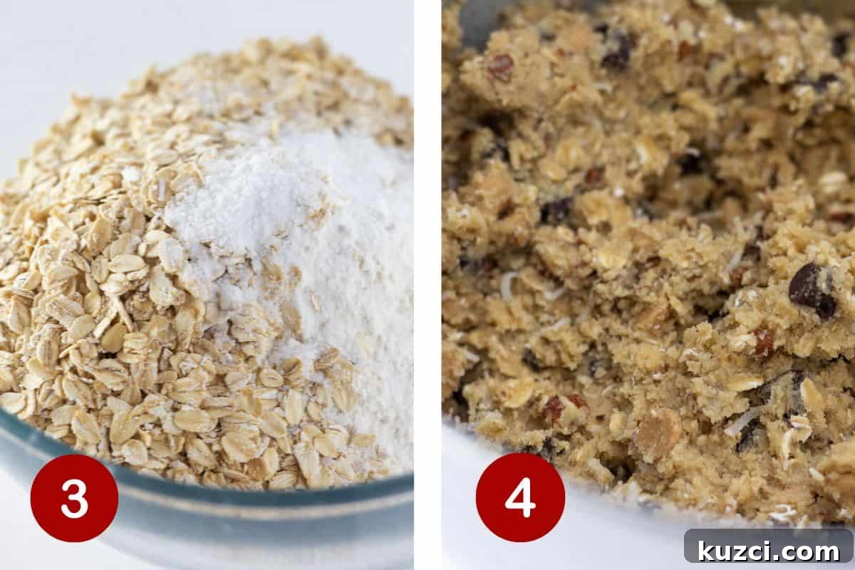 Chewy Cowboy Cookies Recipe: Soft, Chunky, Irresistible 6 Finishing the cookie dough with dry ingredients and add ins.
