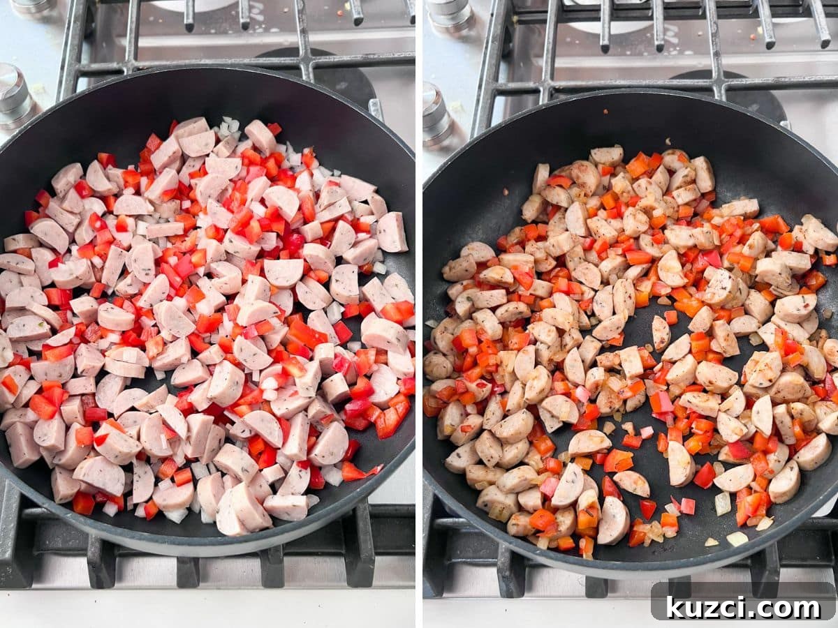 Sausage, peppers and onions cooking in a skillet early in the cooking process and then later in the process.