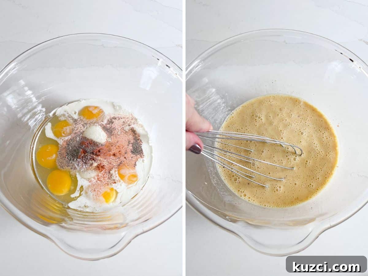 Egg and liquid ingredients in a bowl and then mixed together.