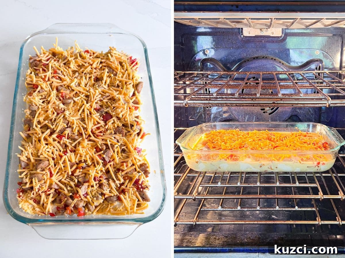 Cheese sprinkled over the pan and then the pan in the oven after the egg mixture has been poured in.