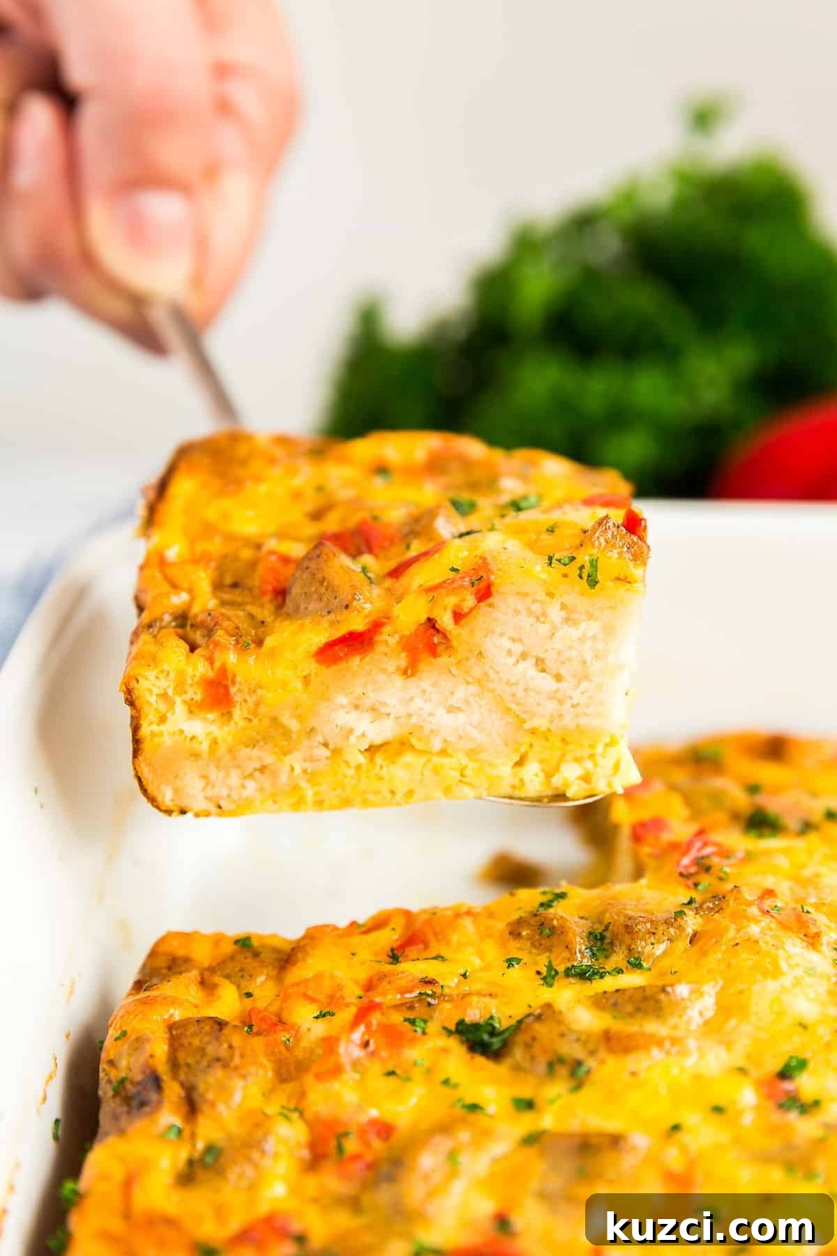 A hand lifting a a piece of biscuit casserole with eggs from the pan.