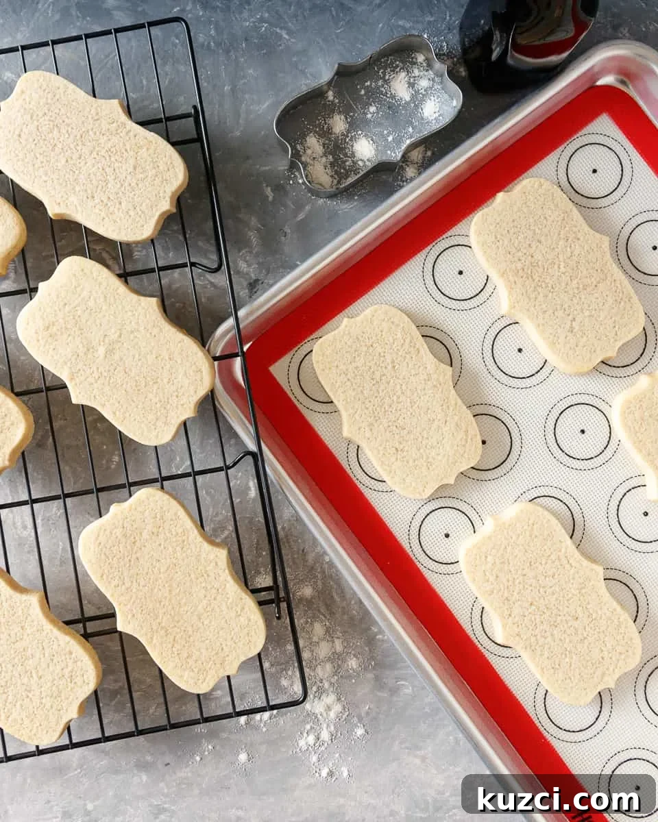 Soft Sugar Cookies That Hold Their Shape 6 top view of soft sugar cookies on a baking sheet and a wire rack