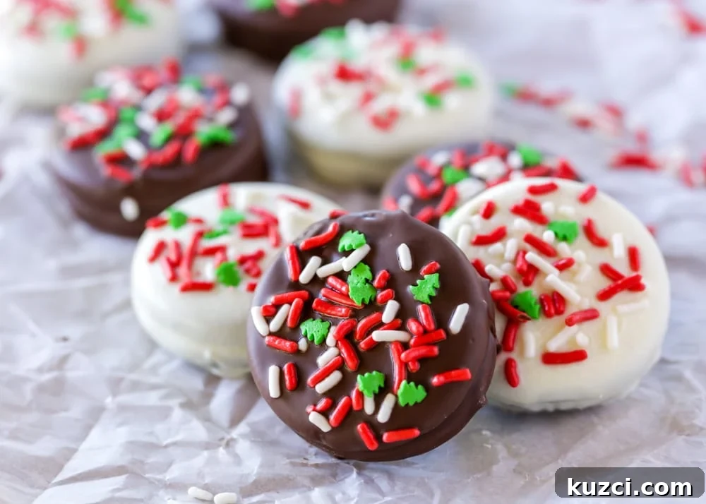 Classic Christmas Oreos dipped in milk or white chocolate and topped with festive sprinkles make for a decadent treat! Chocolate covered Christmas Oreos with sprinkles.