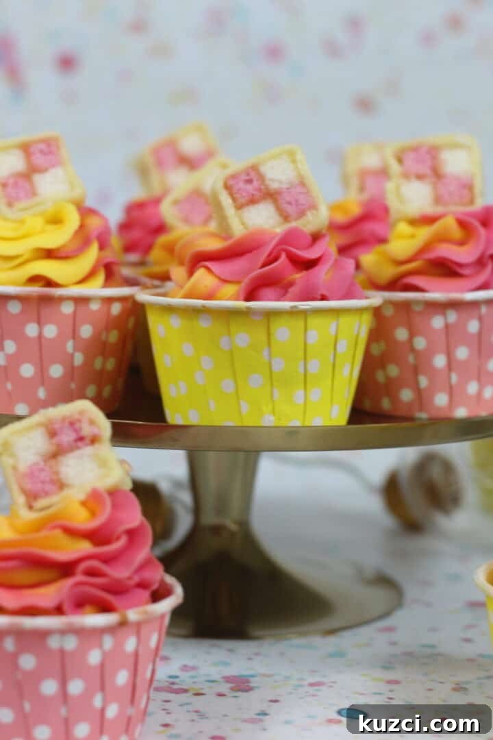 Battenberg cupcakes with marzipan centres.